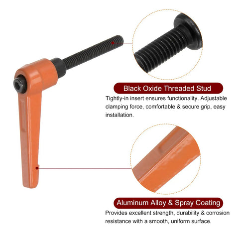 Four Pack Top Shelf Adjustable Clamping Lever Handles With M6 X 40mm Male Thread featuring bright orange aluminum alloy and black oxide stud.