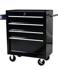 Heavy Duty Rolling Tool Chest With Four Top Shelf Drawers And Secure Locking Mechanism Rock Tough Steel Shop Organizer For Garage Crew Pro Grade Mechanics Storage Black side view with drawers and lock