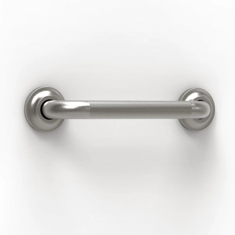 Dual Pack One And A Quarter Inch ADA Safety Grab Bar With Knurled Anti Slip Grip In Stainless Steel 304 Brushed Nickel Finish Concealed Flange Mount Supports Up To 500 Pounds, shown in a close-up horizontal view against a white wall.
