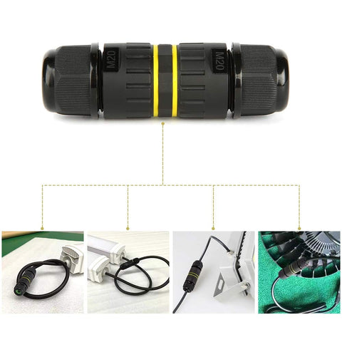 Image of a Three Pole Waterproof IP68 External Junction Box with M20 Cable Gland for 5 to 12mm wires displayed in various connections.