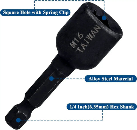 Close-up of a single piece from the 8 Piece Tap Socket Wrench Set With One Quarter Inch Hex Shank High Hardness Alloy Steel Tap Sockets M4 To M16 For Air Screwdrivers Auto Repair DIY And Mold Making Projects, showing M16 size, alloy steel material, and 1/4 inch hex shank.