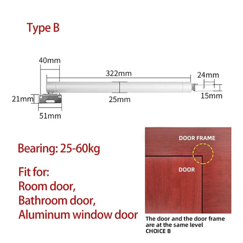 Automatic Door Closer 60Kg Heavy Duty with Soft Closure and Adjustable Gas Spring; dimensions and installation guide shown