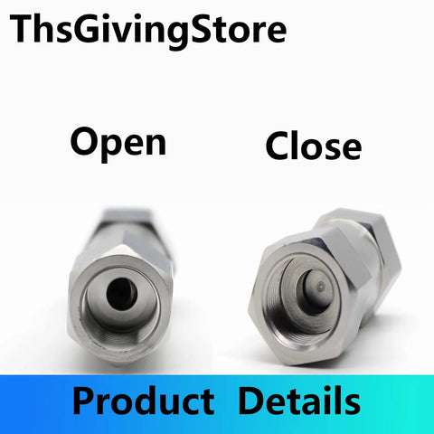 Stainless steel G-female one-way check valve, 1/8–1/2 in; front bore view and rear hex-end for water, oil, gas.