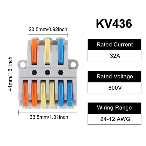8 Pcs Push In Wire Splitter Terminal Connectors, 32A, 600V, 24-12 AWG range, KV436 design, for easy electrical splicing.