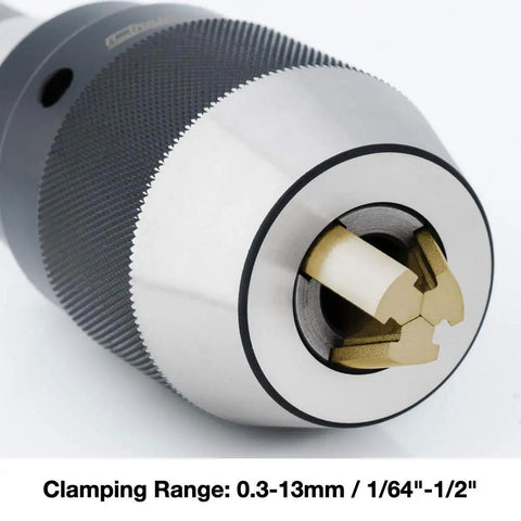 Heavy Duty Keyless Drill Chuck One Sixty Fourth To One Half Inch Range With Titanium Jaws And JT Mount close-up view