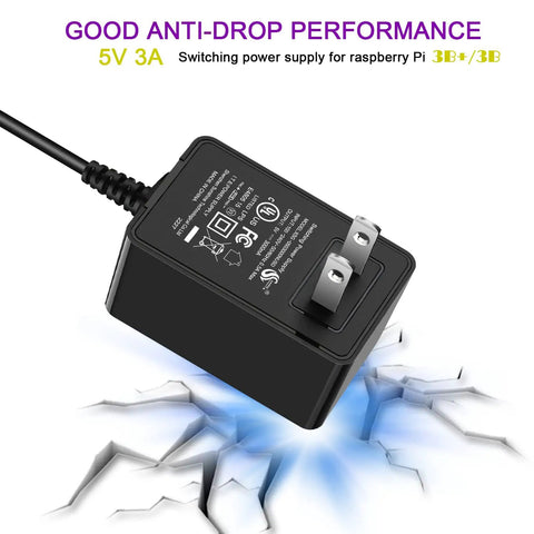 UL Listed Raspberry Pi Power Supply With Switch For Raspberry Pi 2, 3 And 3 B Plus, 5V 3A Micro USB, 15W, shown on cracked surface