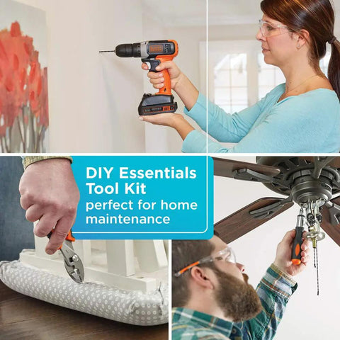 Home Tool Kit With 20V Max Drill Driver, 83-Piece Set Including Drill Bits And Screwdriver Bits in use for various DIY tasks.