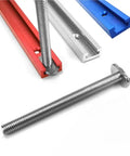 Game Changing Aluminum T Track T Slot Fixture Channel Miter Jig Slide Rail with silver, red, blue channels and bolt.