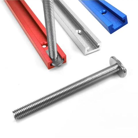 Game Changing Aluminum T Track T Slot Fixture Channel Miter Jig Slide Rail with silver, red, blue channels and bolt.