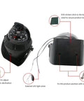 Illuminated Marine Compass With Incandescent Light For Night Navigation, Rugged ABS Housing, Adjustable Magnetic Declination, Easy Readout For Boatin’ And Sailin’ In Low Light. Black ABS marine compass with mounting screws, wires, and EVA pad