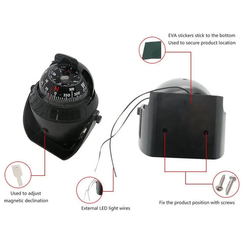 Illuminated Marine Compass With Incandescent Light For Night Navigation, Rugged ABS Housing, Adjustable Magnetic Declination, Easy Readout For Boatin’ And Sailin’ In Low Light. Black ABS marine compass with mounting screws, wires, and EVA pad