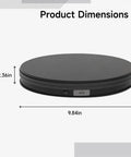 Stunning Smart Electric Turntable Display Stand For Jewelry And Watches Loads Up To 22 Lbs With Smooth Rotating Action Fast Charge USB Power dimensions shown in black 2.36in height and 9.84in diameter.