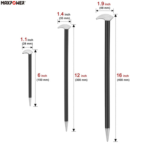MAXPOWER rolling-head pry bar set, 3 pieces (6, 12, 16 in); black shafts with chrome heads, front view