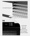 Close-up of Six Layer Electric Food Dehydrator with digital control panel, adjustable thermostat, and drying trays.