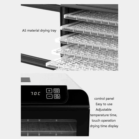 Control panel of Heavy Duty Top Shelf Six Layer Electric Food Dehydrator With Digital Timer And Adjustable Thermostat showing temperature and time settings.