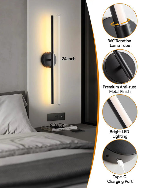 Modern Cordless Wall Sconces Set Of 2 With Remote And Touch Dimming Rechargeable Battery Operated Led Lights For Bedroom Hallway 3000k To 6000k Sleek Black Metal Knockout Vibe Dead Simple Setup 24 inch bright LED sconce with anti-rust finish.