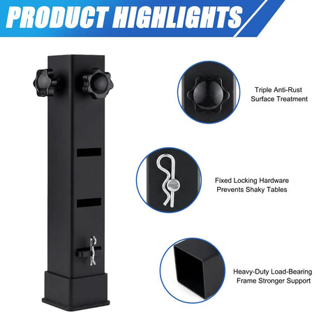 Heavy Duty Square Table Leg Extenders With Three Step Adjustable Heights And Secure Locking Bolts For Folding Dining Tables shown with anti-rust treatment and locking hardware.