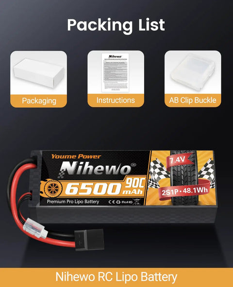 Beefy Two Pack 2S 7.4V 6500mAh 90C LiPo Battery With Hard Case And TR EC5 Plug for RC Cars shown with packaging and instructions.