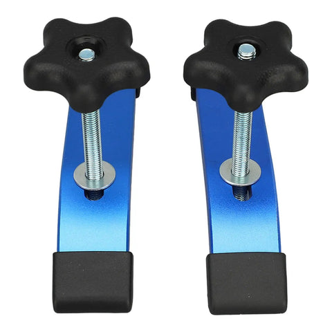 Kick Your Projects Up A Notch With This Badass 2 Set T Slot Clamp Kit Featuring Durable Aluminum T Handles And Snug M8 Screws For Secure Woodwork Or Metalworking On Routers Cnc Machines And Drill Presses - two blue aluminum clamps with black T handles.