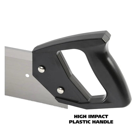 Close-up of high impact plastic handle on Rugged Miter Box And Back Saw Set For Trim And Molding, 12 Inch Box With 14 Inch Back Saw
