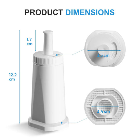 Mutital white water filter cartridge for Breville espresso machines; front view with 12.2 cm height and 3.5 cm top dia.