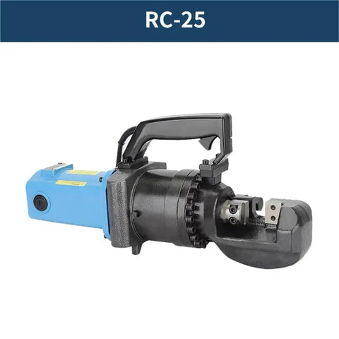 AOXHUGB Portable Electric Rebar Bender Cutter Machine With Powerful Copper Motor, 4-25mm Hydraulic Steel Bar Tool For Fast One Second Cutting, side view of black and blue handheld cutter.