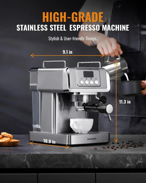 Barista Level Home Espresso Machine With 20 Bar Pressure And Temp Display Built In Steam Wand For Lattes And Cappuccinos Stainless Steel 1350W 60 Oz Water Reservoir, shown on a kitchen counter with a cup underneath.