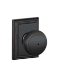 Andover Bed And Bath Privacy Door Knob With Addison Trim In Aged Bronze featuring no fuss install, push button lock, durable hardware.