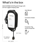 Plug And Play EV Charger Featuring A 25 Foot Braided Wire And Tough J1772 Connector displayed with user manual and accessories.