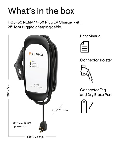 Plug And Play EV Charger Featuring A 25 Foot Braided Wire And Tough J1772 Connector displayed with user manual and accessories.