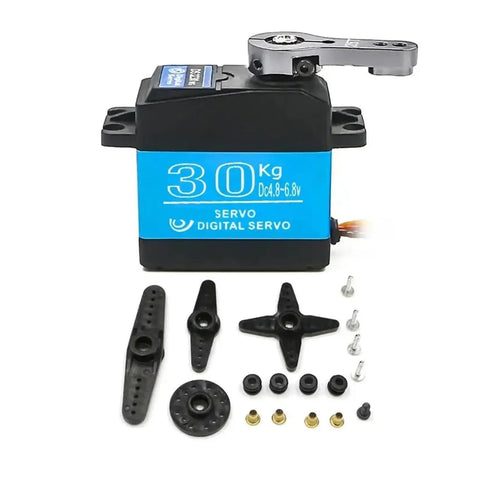 Premium Badass 30KG Digital Coreless Servo Motor Delivering Straight Fire High Torque And Knockout 180 Degree Steering Gear For RC Cars And Hobby Builds, with accessories.