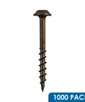 Close-up of Number Eight By One Inch Pocket Hole Deck Screw with washer head and square drive, part of 1000 pack for softwoods, plain steel construction.