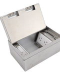 Heavy Duty Recessed Floor Power Outlet Kit With Four Receptacles And A Stainless Steel Top, open view showing interior receptacles.