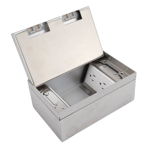 Heavy Duty Recessed Floor Power Outlet Kit With Four Receptacles And A Stainless Steel Top, open view showing interior receptacles.