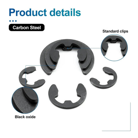 Black Carbon Steel E Clip Assortment Kit With 395 Or 810 Pieces M1.2 To M15 External Retaining Clips circlip washers shown