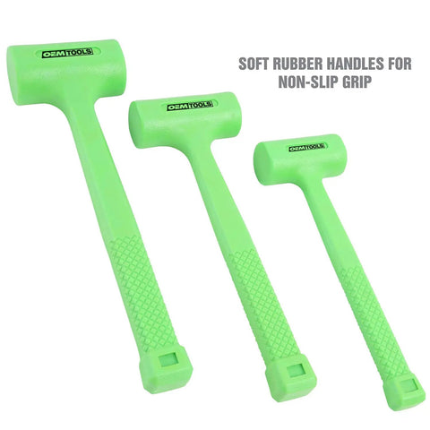 Three Piece Dead Blow Hammer Set With Non Marring Mallets Weighing One Half Pound One Pound And Two Pound Steel Shot Filled For Maximum Force Non Slip Grip Automotive And Machinist Shop Tool Kit displayed with soft rubber handles
