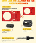 Shop Tough All In One Door Hinge Jig And Router Template Kit featuring guide template and hole saws for wooden door lock installation.