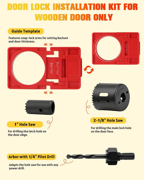 Shop Tough All In One Door Hinge Jig And Router Template Kit featuring guide template and hole saws for wooden door lock installation.