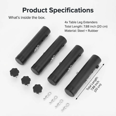 Heavy Duty 4 Pack Table Leg Extenders Raise Height From 3.6 To 5.2 Inches Zero Fuss Install with 4 steel extenders and accessories.