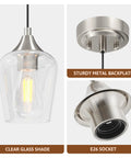 Brushed Nickel Pendant Light For Kitchen Island With Adjustable Height And Clear Glass Shade, metal backplate, E26 socket