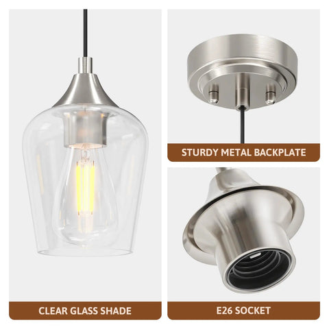 Brushed Nickel Pendant Light For Kitchen Island With Adjustable Height And Clear Glass Shade, metal backplate, E26 socket
