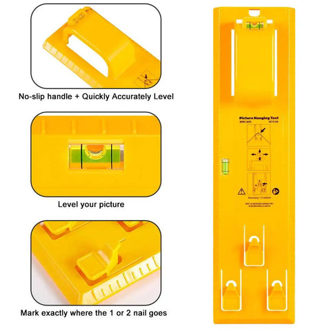 Picture Hanging Tool With Built In Level For An Easy No Fuss Frame Hanger Kit On Walls, yellow ABS plastic, front view, close-up