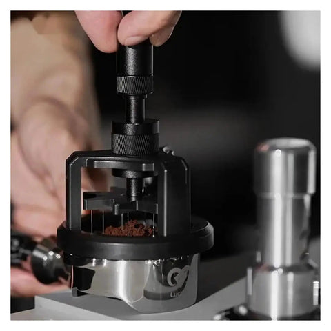 Slick Adjustable Coffee Distribution Tool And Rotatable Espresso Tamper Set For Badass Baristas 51 54 58 Millimeter Compatible in use.