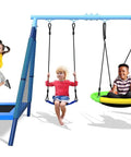 3 In 1 Outdoor Swing Set With Saucer Swing Belt Seat And 4 Ft Trampoline Heavy Duty A Frame Metal Stand With Safety Stakes 440 Lb Capacity Backyard Playground For Toddlers 3 To 8 Years Old with kids playing