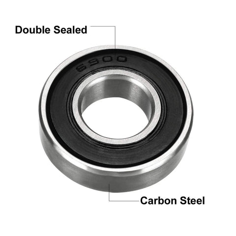 Angled top view of a carbon steel deep groove ball bearing, 10x22x6 mm, double sealed