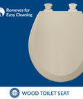 Durable Wood Toilet Seat With Easy Clean Hinges Round Almond Finish Made In USA Quick Release top view against blue background