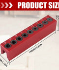 Pro Grade Drill Guide And Doweling Jig For Straight Holes With Perpendicular Entry Self Centering Drill Block, 32mm height, 148mm length, red aluminum, 2-10 mm size markings visible