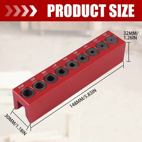 Pro Grade Drill Guide And Doweling Jig For Straight Holes With Perpendicular Entry Self Centering Drill Block, 32mm height, 148mm length, red aluminum, 2-10 mm size markings visible
