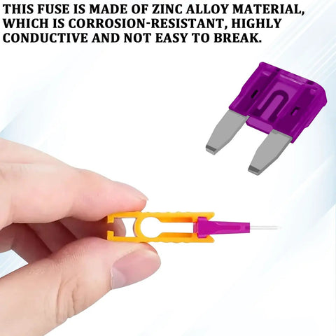 Hand holding puller tool with mini blade fuse from 120Piece Mini Blade Fuse Kit With Puller Tool Color Coded Inserts All In One Auto Fuse Set