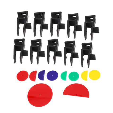 Pro Grade Abs Woodworking Jig Set With Ten Scribing Templates For Cabinet Installations displaying black jigs and colorful templates.